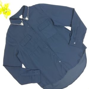 Cover Stitched Navy Embellished Collar Blouse L
